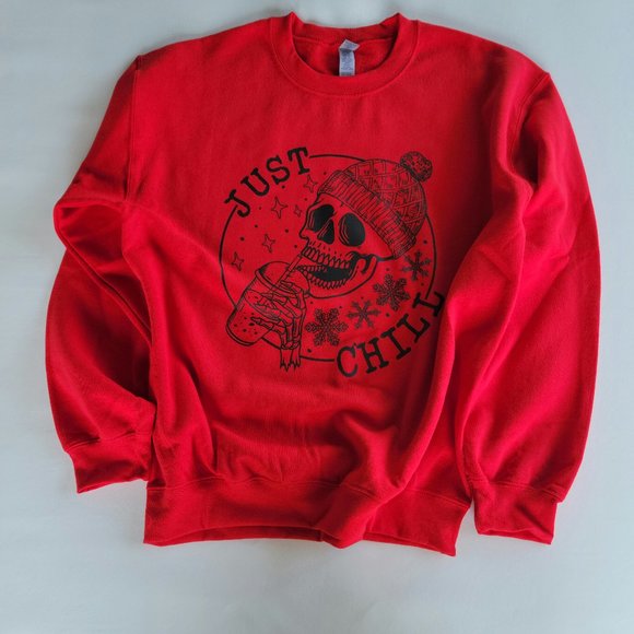 New Ready to Ship! Red Gildan brand Unisex Just Chill Skeleton Coffee - Picture 1 of 3